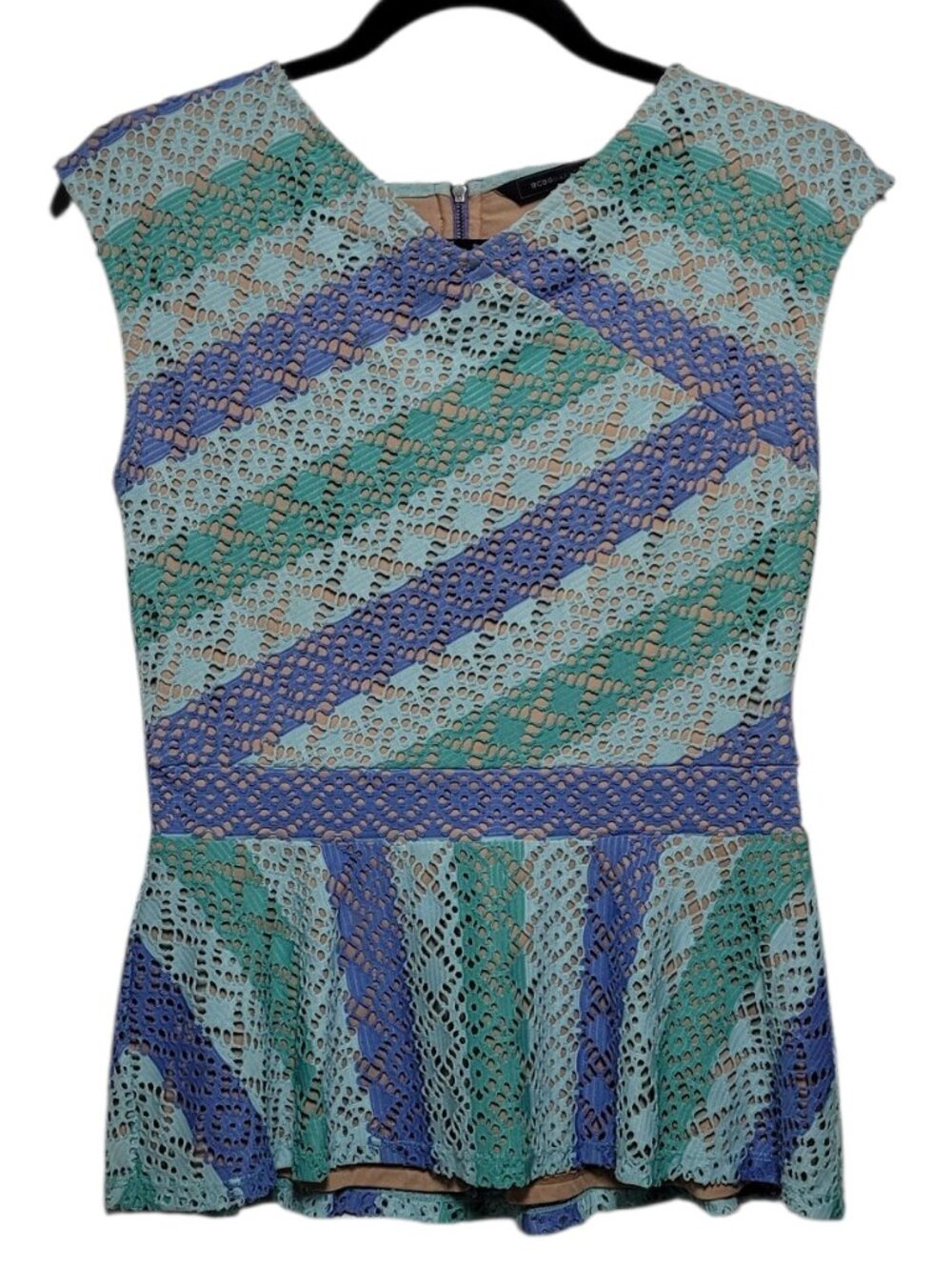 BCBGMAXAZRIA Heidy Lace Peplum Top Aqua Combo Stripe Small Quiet Luxury - Picture 3 of 10